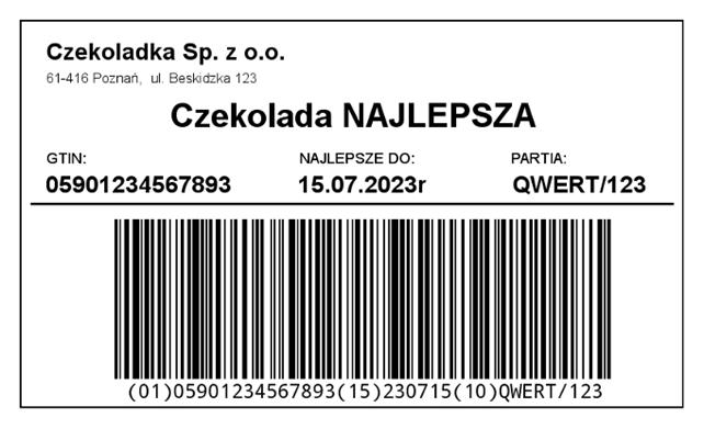Typowa etykieta produktowa dla towarów występujących w opakowaniach zbiorczych o jednorodnej zawartości.
