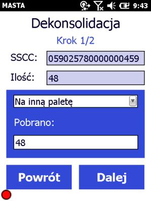 Część znajdujących się na niej pozycji może zostać przemieszczona na inną paletę. Powstaje wówczas skonsolidowana paleta z nowym numerem SSCC, z którym powiązane są pobrane pozycje.