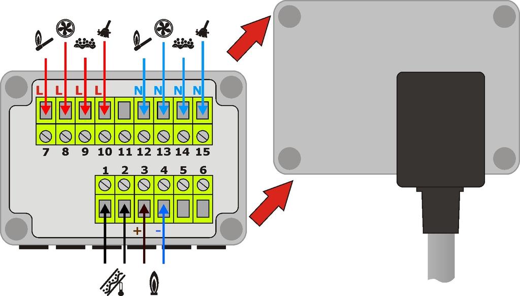 Numery Wejście/ Oznaczenie zacisków Wyjście Opis 1 2 BSTB GND Czujnik temperatury palnika (bimetal 75 C - 90 C) 3 4 PL (+) GND (-) Czujnik płomienia (optoelement) 5 6 x x 7 L Podłączenie zapalarki 8