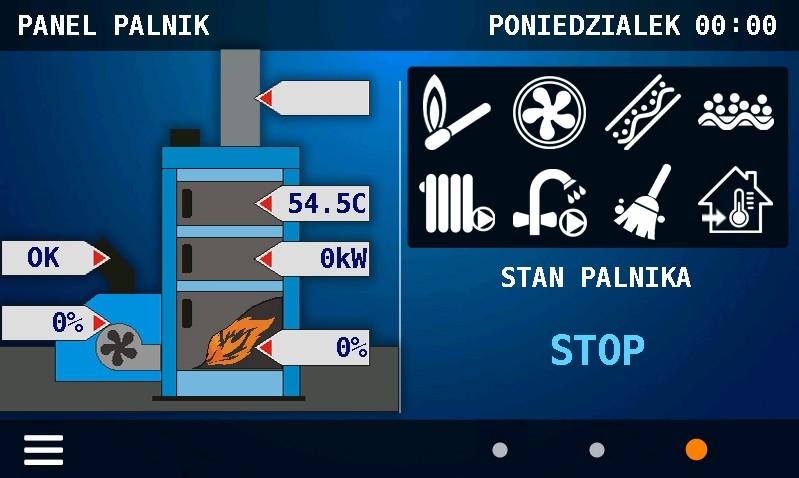 Ostatni panel obrazuje działanie poszczególnych elementów kotła oraz palnika: wentylatora, zapalarki, podajnika, pompy, wartości z czujników.