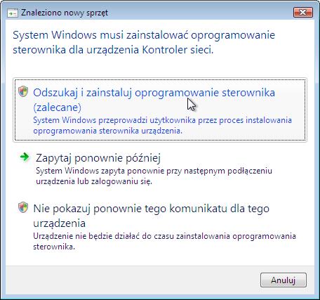 Kliknij Odszukaj i zainstaluj oprogramowanie sterownika (zalecane). Kliknij przycisk Kontynuuj.