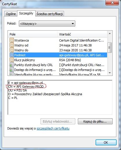 PZU_CERTIFICATE_COMMON_NAME - CN certyfikatu, którym PZU podpisuje komunikaty. Certyfikat przekazywany jest przez PZU.