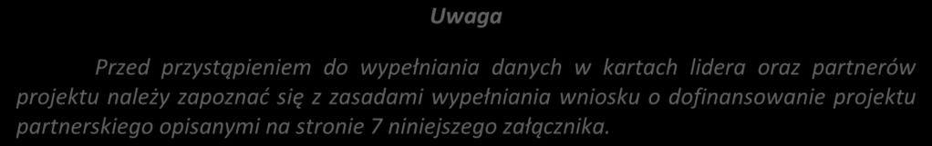 Karta lidera projektu 15 Niniejszą kartę należy wypełnić na podstawie powyższej instrukcji wypełniania wniosku o dofinansowanie w zakresie, którego dotyczy i będzie realizowany przez lidera projektu.