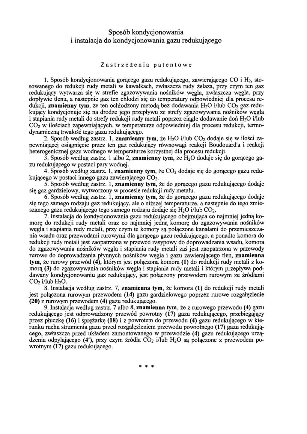 Sposób kondycjonowania i instalacja do kondycjonowania gazu redukującego Zastrzeżenia patentowe 1.