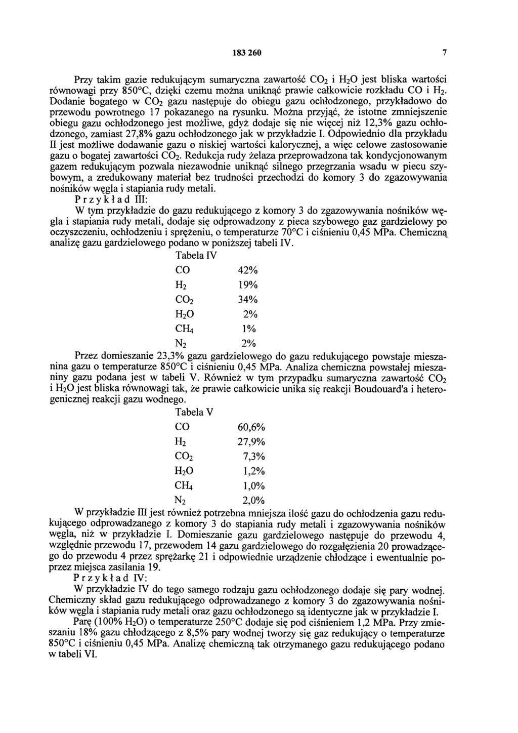 183 260 7 Przy takim gazie redukującym sumaryczna zawartość CO2 i H2O jest bliska wartości równowagi przy 850 C, dzięki czemu można uniknąć prawie całkowicie rozkładu CO i H2.