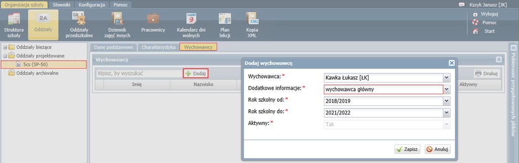 Co zrobić, gdy szkoła obsługiwana przez system UONET+ jest likwidowana? 8/11 Nauczyciel przypisany do oddziału w tym miejscu otrzymuje uprawnienia wychowawcy oddziału.