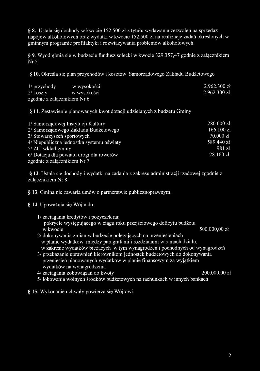8. Ustala się dochody w kwocie 152.500 zł z tytułu wydawania zezwoleń na sprzedaż napojów alkoholowych oraz wydatki w kwocie 152.