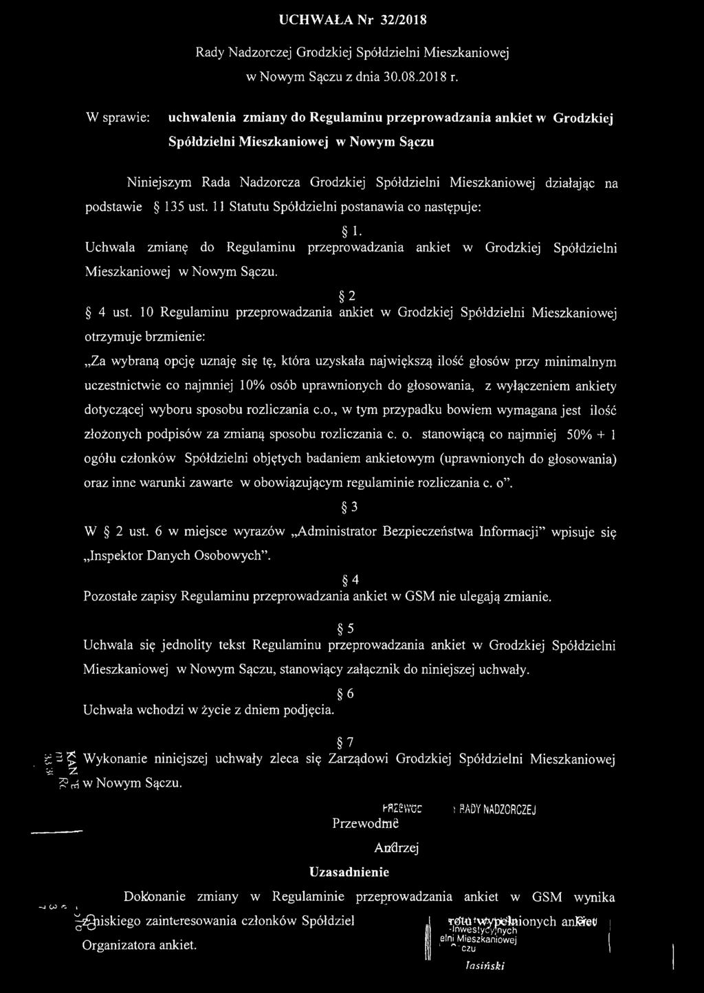 w Nowym Sączu Niniejszym Rada Nadzorcza Grodzkiej Spółdzielni Mieszkaniowej działając na podstawie 135