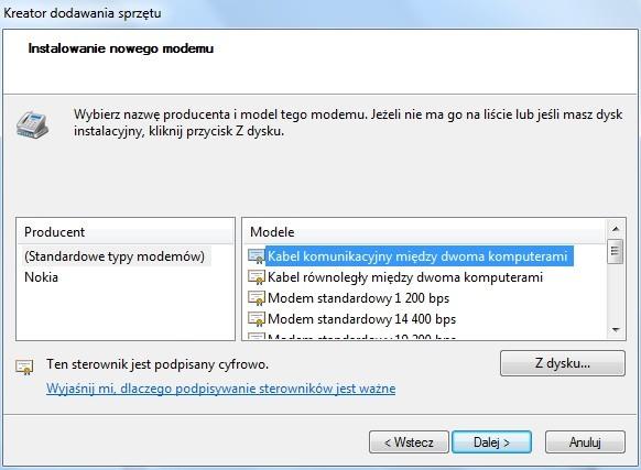 Okno wyboru rodzaju modemu.