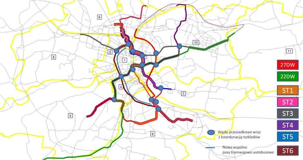dwusystemowego (27DW, 22DW), węzły przesiadkowe oraz nowo wprowadzone torowiska tramwajowo-autobusowe. Rys. 1. Graficzne przedstawienie wariantu W6.