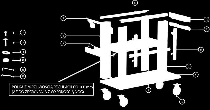 9 <- płytka tylna wąska - 1 szt 2 <- przednia noga - 2szt. 10 <- płytka tylna szeroka - 1 szt. 3 <- tabliczka z podkładką - 1szt. 11 <- górna rama - 2szt. 4 <- szczebel środkowy - 1 szt.