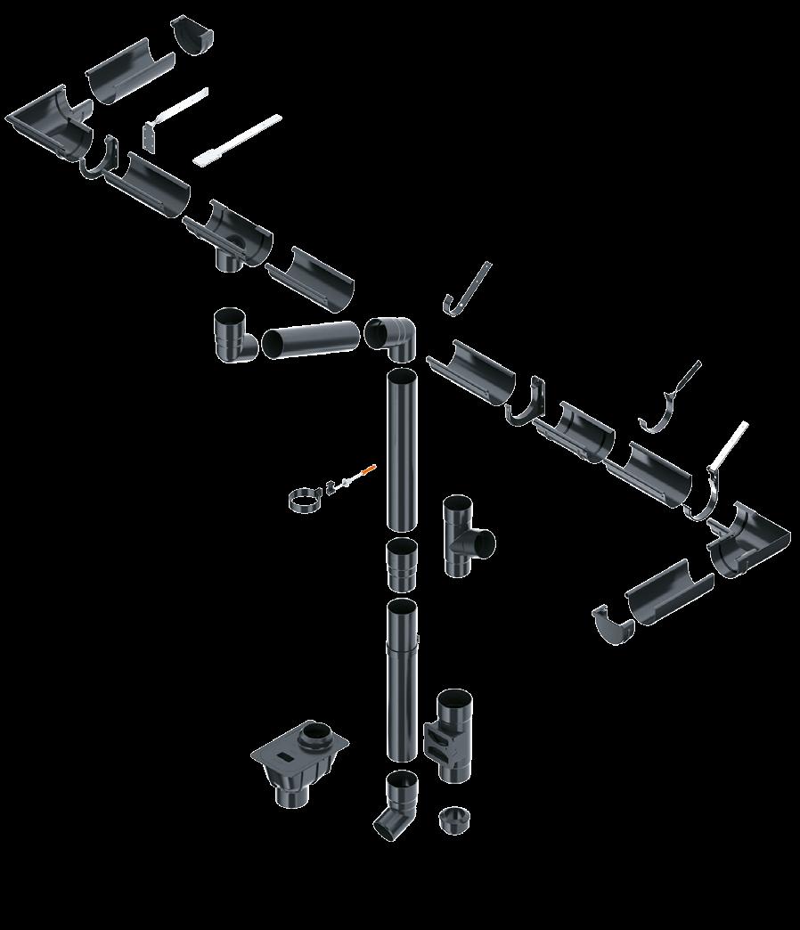 SCHEMAT SYSTEMU RYNNOWEGO 9 1 5 20 8 4 17 Elementy 11 7 1 Rynna dachowa 75, 100, 125, 150 mm 18 2 Rura spustowa 63, 90, 110 mm 3 4 Narożnik wewnętrzny* 75, 100, 125, 150 mm ej spustowy 75/63, 100/63,