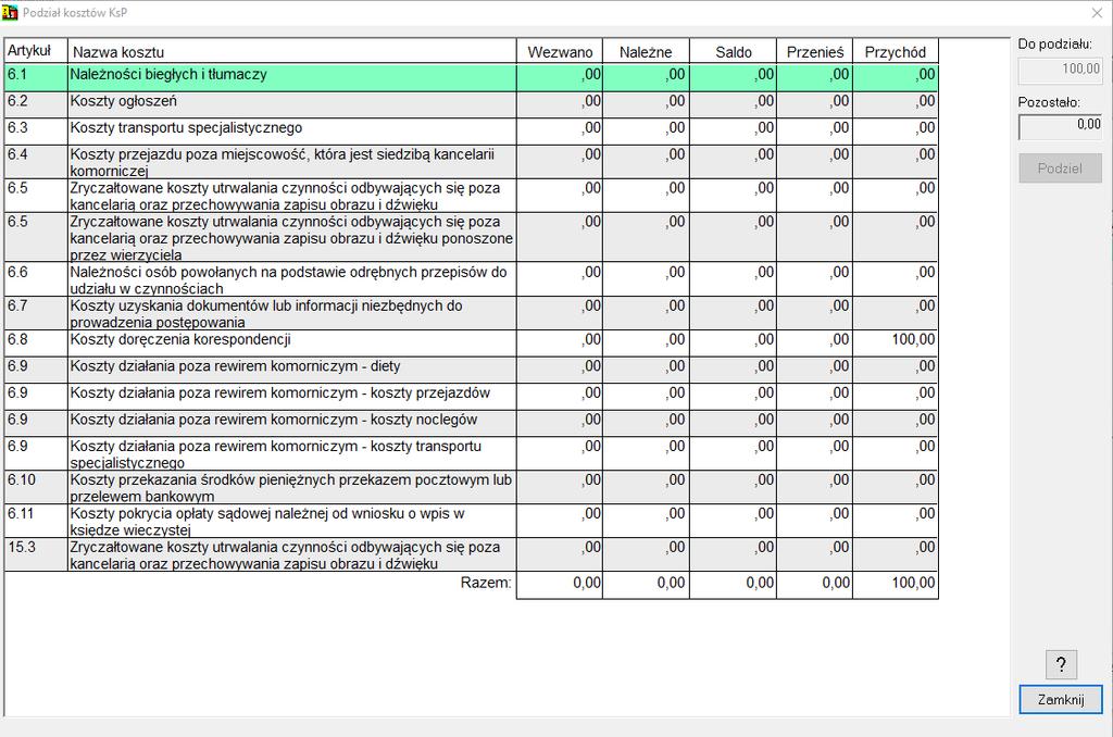 RYSUNEK 20 PODZIAŁ KOSZTÓW KSP Przyciskiem Zamknij zatwierdzamy pzycję.