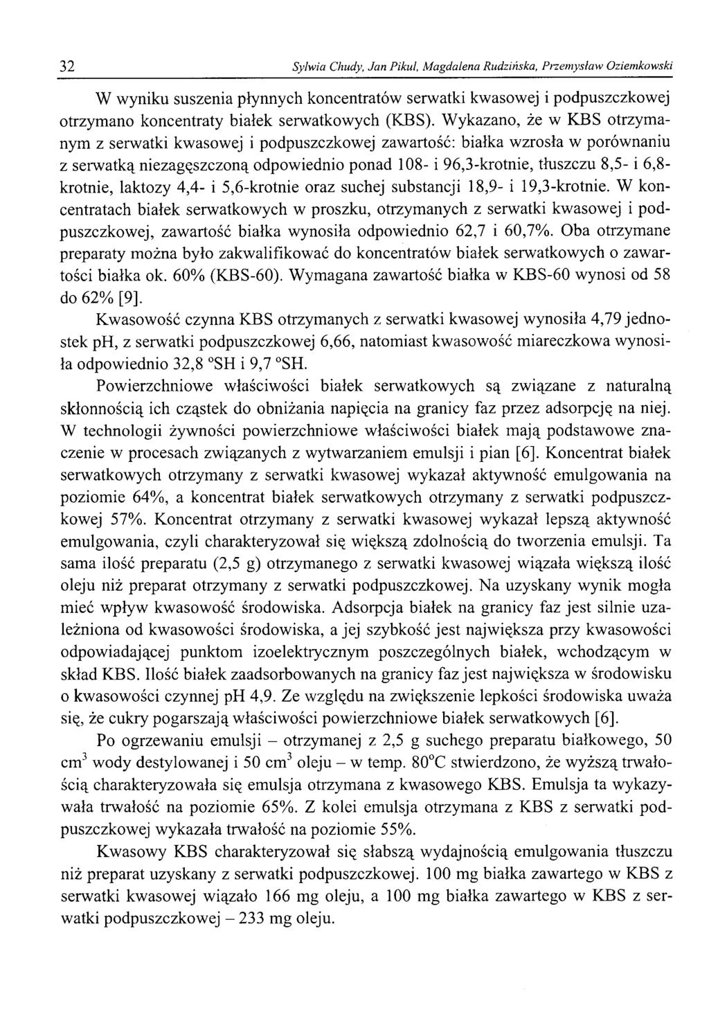 32 Sylwia Chudy, Jan Pikul, Magdalena Rudzińska, Przemysław Oziemkowski W wyniku suszenia płynnych koncentratów serwatki kwasowej i podpuszczkowej otrzymano koncentraty białek serwatkowych (KBS).