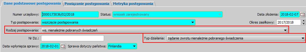 jako podmiot sprawy wskaż osobę, która pobrała nienależnie pobrane świadczenie, nie zaznaczaj opcji czy uwzględniać w sprawozdaniu, zaznacz Moduł aplikacji: SW jeżeli sprawa dotyczy nienależnie