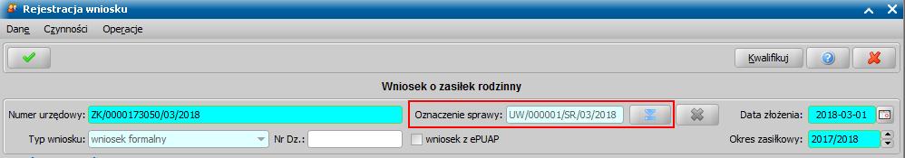 Podczas tworzenia decyzji oznaczenie sprawy jest automatycznie kopiowane z wniosku do danych decyzji.