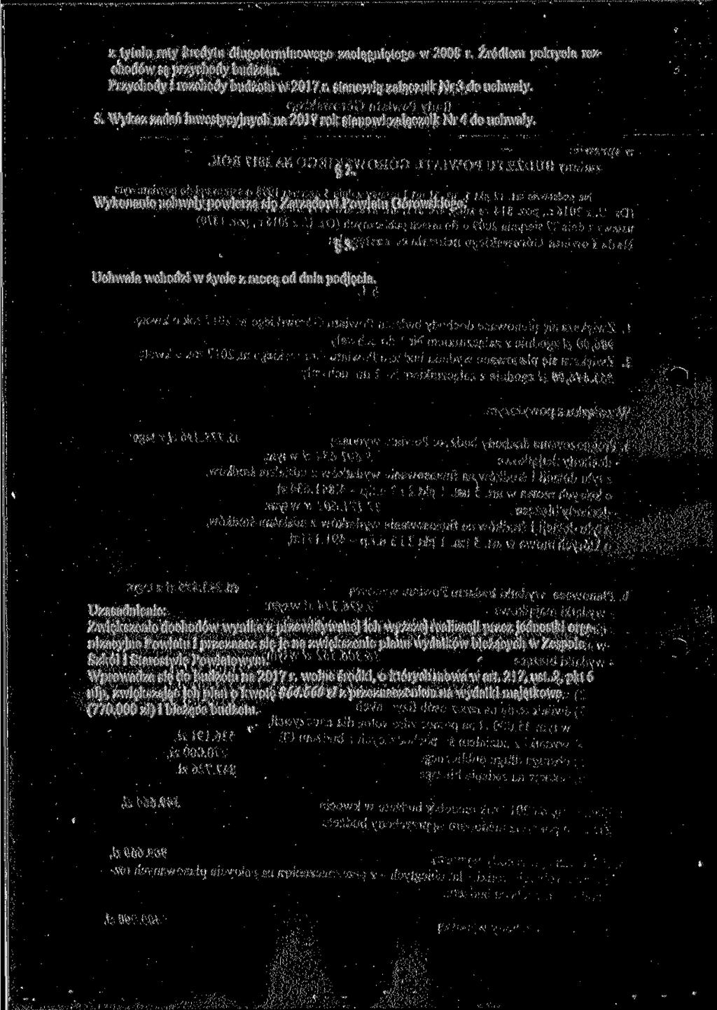 z tytułu raty kredytu długoterminowego zaciągniętego w 2008 r. Źródłem pokrycia rozchodów są przychody budżetu. Przychody i rozchody budżetu w 2017 r. stanowią załącznik Nr 3 do uchwały. 5.