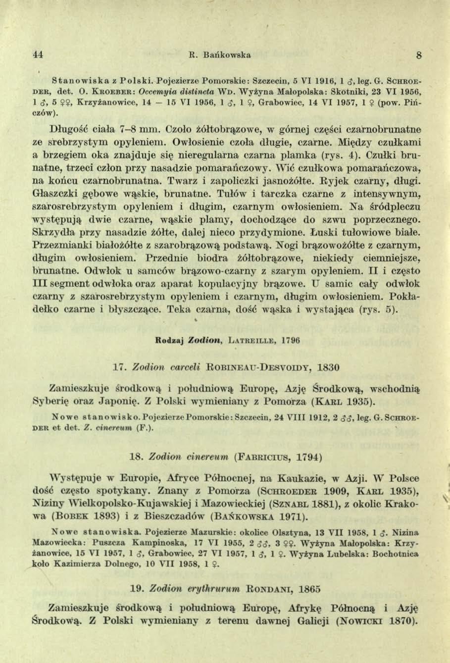 44 R. Bańkowska 8 S t a n o w i s k a z P o l s k i. P ojezierze P o m o rsk ie: Szczecin, 5 VI 1916, 1 <J, leg. G. S c h r o e d e r, d et. O. K r o e b e r : Occemyia distincta W d.