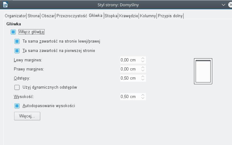 W celu uaktywnienia jednakowych nagłówków lub stopek na wszystkich stronach należy wybrać zakładkę Nagłówek/Stopka i zaznaczyć opcje Włącz nagłówek Zmiana marginesów dla nagłówka i stopki.