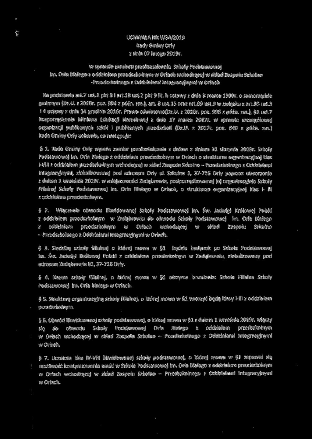 UCHWAŁA NR V// Rady Gminy z dnia lutego r. w sprawie zamiaru przekształcenia Szkoły Podstawowej im.