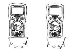 POMIARY PRĄDU AC / DC UWAGA: Nie przeprowadzaj pomiarów prądu przy 10 amperach przez dłużej niż 30 sekund. Przekroczenie tego czasu może uszkodzić miernik i/lub przewody testowe. 1. Włóż czarny wtyk przewodu testowego do ujemnego złącza COM.