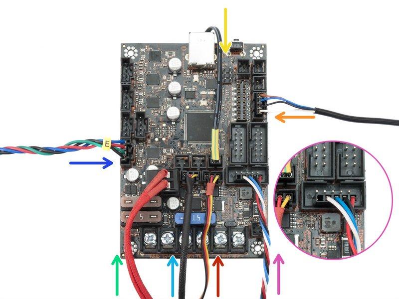 Step 30 Podłączenie wiązki przewodów ekstrudera (część 4) Podłącz pozostałe przewody ekstrudera: Grzałka ekstrudera (czerwony przewód Nr 1) Wentylator hotendu (czarny