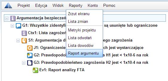 Jak podoba Ci się taka struktura argumentu? Postulat G1 z kontekstem Cxt1 są poparte przez strategie S1, a następnie G2 i G3. Teraz, gdy argument jest kompletny, pora wygenerować diagram GSN... Krok 6.