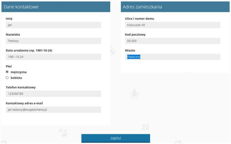 5. Klikamy w niebieski przycisk EDYTUJ TWÓJ PROFIL i wypełniamy formularze DANE KONTAKTOWE i ADRES ZAMIESZKANIA a następnie klikamy w przycisk ZAPISZ 6.