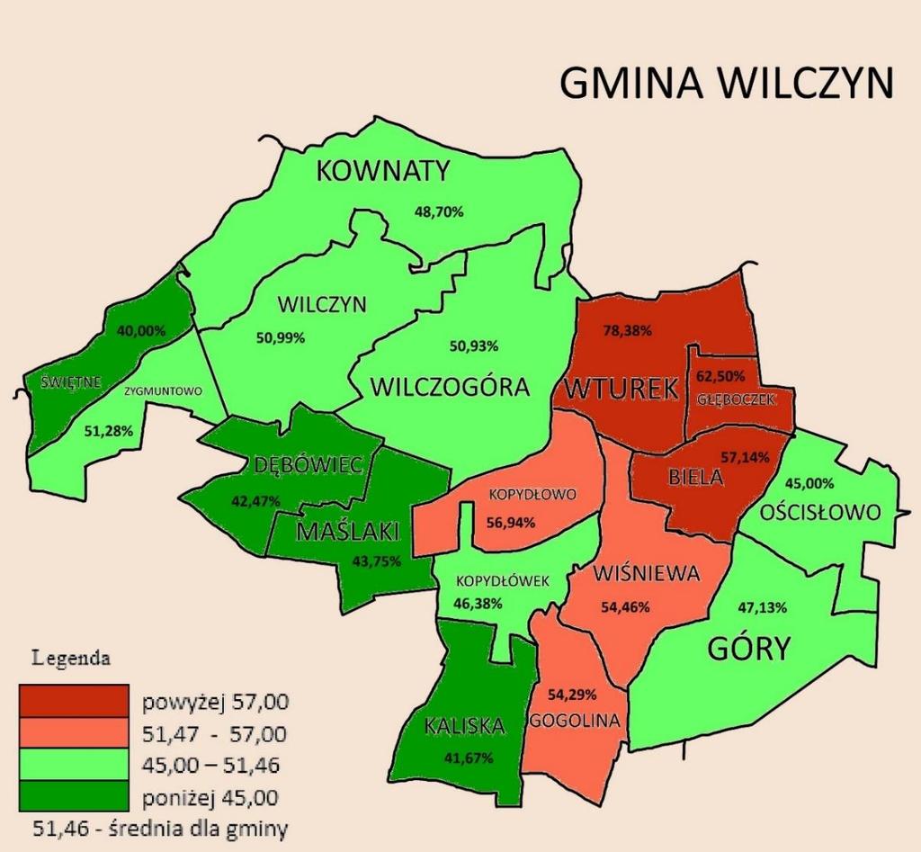 Rysunek 24 W13 - Udział budynków mieszkalnych wybudowanych przed 1970 rokiem w ogólnej liczbie budynków mieszkalnych Źródło: Opracowanie własne na podstawie danych Urzędu Gminy w Wilczynie III.3.6.