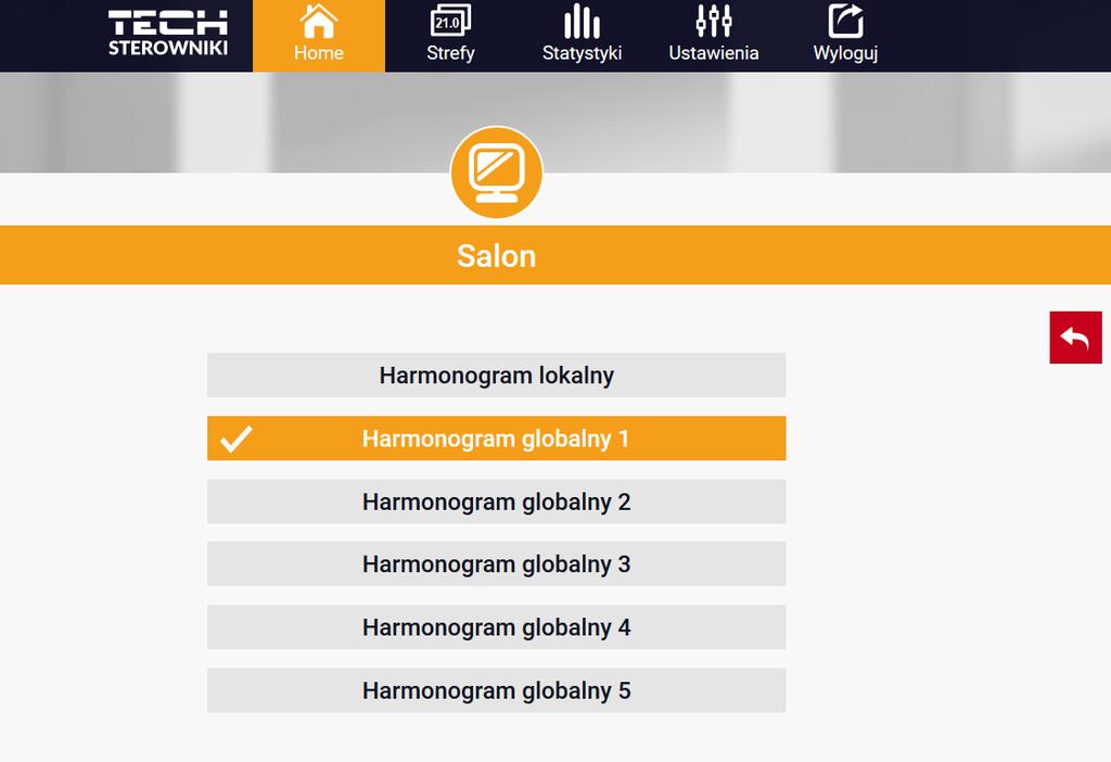 Klikając w obszarze ikony Harmonogram przechodzimy do ekranu wyboru harmonogramu tygodniowego: W sterowniku ST-16s Wi-Fi istnieją dwa rodzaje harmonogramów tygodniowych: 1.