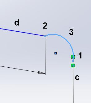 Łuk styczny Odcinek d i odcinek c powinny zostać połączone łukiem stycznym R50 mm. Z zakładki Szkic wybierzemy narzędzie Łuk styczny.