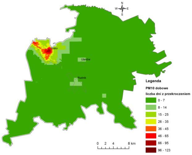 Rys. 2.11. Rozkład stężeń średniorocznych pyłu PM10 na terenie powiatu niżańskiego w 2015 r. - wyniki modelowania [1], [13] Rys. 2.12.