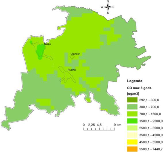 Rys. 2.18. Rozkład maksymalnych stężeń 8-godzinnych tlenku węgla na terenie powiatu niżańskiego w 2015 r.