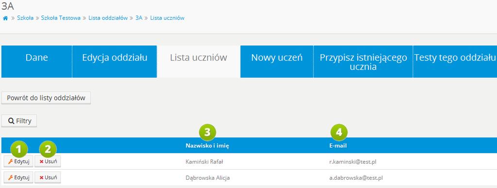 3.1.3 LISTA UCZNIÓW RYS. 11 PLATFORMA EDUSCIENCE SZKOŁA LISTA ODDZIAŁÓW EDYCJA ODDZIAŁU UCZNIOWIE TEGO ODDZIAŁU 1.