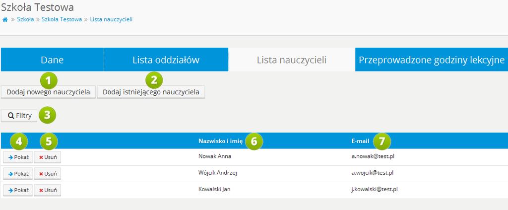 3.2 LISTA NAUCZYCIELI RYS. 16 PLATFORMA EDUSCIENCE SZKOŁA LISTA NAUCZYCIELI 1.