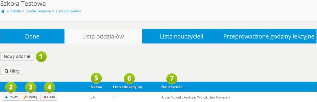 3.1 LISTA ODDZIAŁÓW RYS. 8 PLATFORMA EDUSCIENCE SZKOŁA LISTA ODDZIAŁÓW 1. Nowy oddział kliknięcie przycisku otworzy widok, w którym można stworzyć nowy oddział.