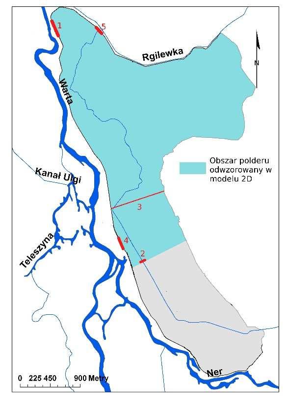 Ryc.10. Obszar polderu Majdany odwzorowany w modelu 1D przepływu (po lewej-przytoczono ryc.5.1 z pozycji [5]) oraz w modelu 2D (po prawej-przytoczono ryc.5.7 z pracy [5]). Ryc.