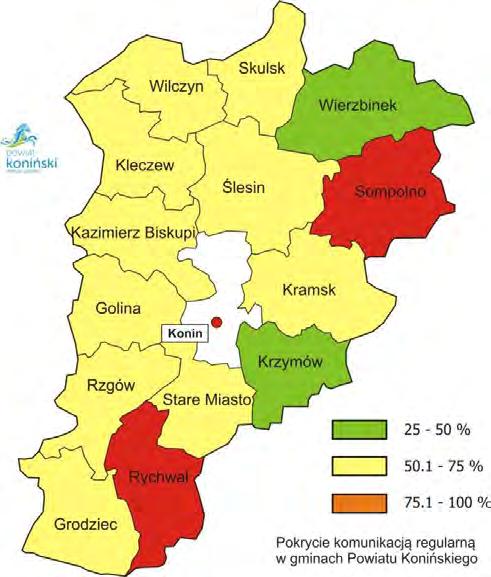 3.6.2. Pokrycie miejscowości komunikacją Miasto Konin Pokrycie komunikacją w gminie Konin, w której znajduje się jedna miejscowość, tj. Miasto Konin wynosi 100%. Powiat Koniński Lp.