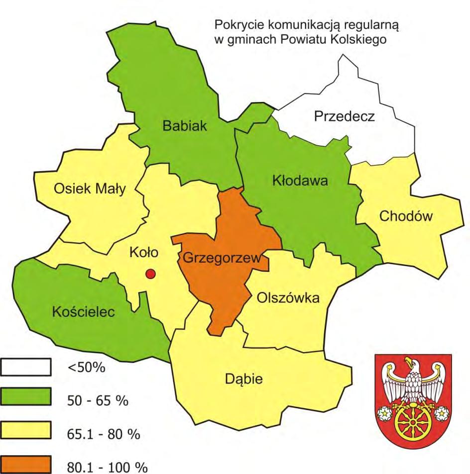 Mapa 73. Pokrycie miejscowości Powiatu Kolskiego regularną komunikacją autobusową Spośród 286 miejscowości na terenie powiatu, komunikacją objętych jest 186 miejscowości, co stanowi ok. 65%.