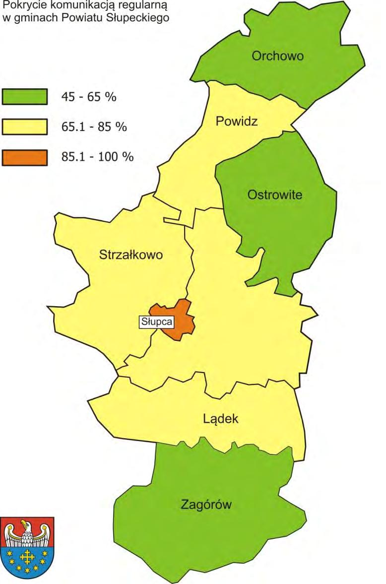 Mapa 74. Pokrycie miejscowości Powiatu Słupeckiego regularną komunikacją autobusową Spośród 235 miejscowości na terenie powiatu, komunikacją objętych jest 142 miejscowości, co stanowi ok. 60,5%.