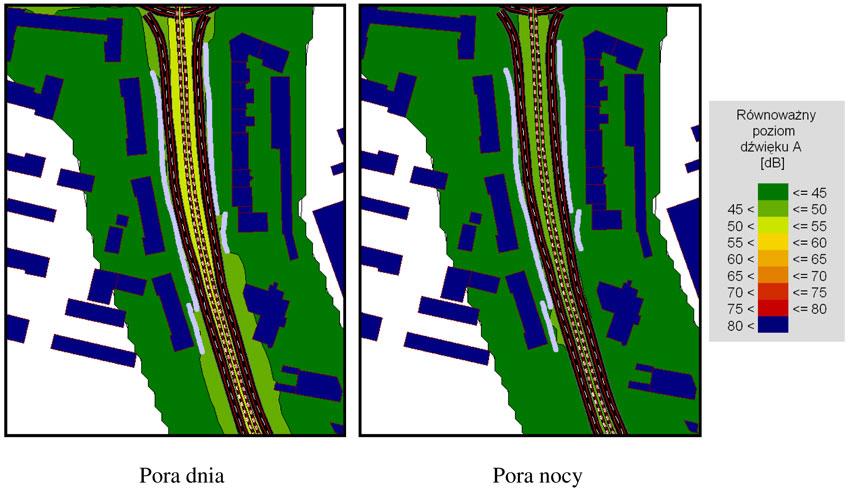 Analizując wyniki obliczeń, przy uwzględnieniu w modelu obliczeniowym tylko ruchu tramwajowego, należy zauważyć, że poziom dźwięku jest znacznie mniejszy niż, gdy oddziaływały obydwa źródła dźwięku