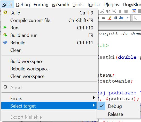 Konfiguracja Symbole debuggowania Project >> Build options >> Produce debugging symbols [-g] (zaznaczone)