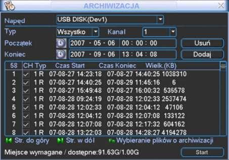 OBSŁUGA REJESTRATORA Rys. 4-27. Wybór plików do archiwizacji Następnie należy kliknąć przycisk Dodaj. Na ekranie zostanie wyświetlona lista plików z zaznaczonego okresu.
