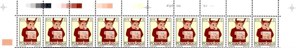 Forma V dla zn. o nominale 20 gr. Na górnym marginesie nad polami 1-5. cztery 6-polowe skale barw o wys. 4.9 5.0 mm. Po prawej stronie górnego marginesu wykonane pismem lustrzanym: nad 6.