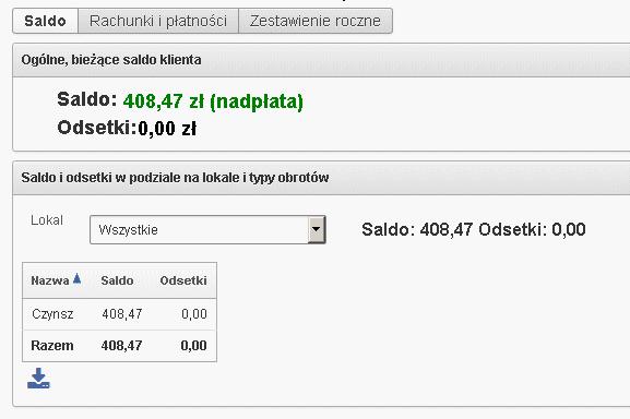 W zakładce Rachunki i płatności, mamy trzy dodatkowe zakładki: Saldo / Rachunki i płatności / Zestawienie roczne W zakładce Saldo podane