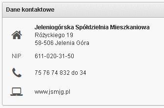 12. Zakładka Kontakt zawiera dane kontaktowe Spółdzielni, takie jak adres, NIP, numer telefonu oraz link do strony internetowej, który po kliknięciu przenosi nas do zakładki Kontakt na stronie