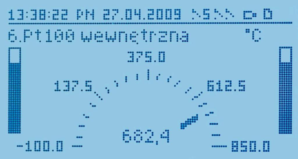 txt, rozdział 12.3) 4 wartość mierzona z sygnalizacją przekroczenia zakresu pomiarowego (rozdział 12.3 i 15) 5 jednostka kanału (do 4 znaków/kanał, pobierana z pliku AR205_nazwy.txt, rozdział 12.3) 6 6 graficzna procentowa reprezentacja pomiaru (bargraf) w zakresie ustawionym przez parametry Dół zakresu wskazań oraz Góra zakresu wskazań (rozdział 12.