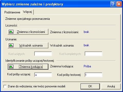 W naszym przypadku Z będzie zależną zmienną ilościową, Temperatura predyktorem ilościowym, a Godzina, DTS oraz Zachmurzenie predyktorami jakościowymi. Rys. 8. Wybór zmiennych.