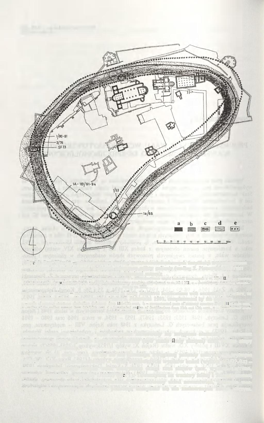 238 ANDRZEJ KUKLIŃSKI Ryc. 1. Rzut Wawelu - rekonstruowany przebieg wczesnośredniowiecznych fortyfikacji z naniesionymi wykopami archeologicznymi, w których uchwycono relikty palisady (według Z.