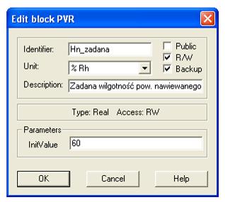2.5 PVR - Real Value Parameter PVR InitValue Analogowa wartość stała (liczba rzeczywista). Blok stale generuje sygnał analogowy o zadanej wartości w postaci liczby rzeczywistej.